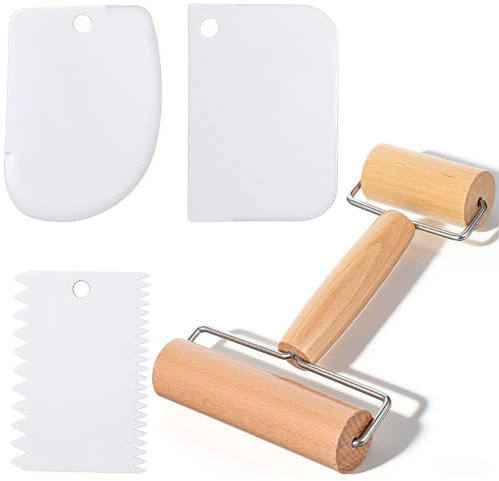 Rouleau à pâtisserie en bois - Petit et moyen - Avec deux rouleaux et spatule - Ustensiles de cuisine pour la cuisson de pâte, pizza, gâteaux, fondants, pâtes et biscuits