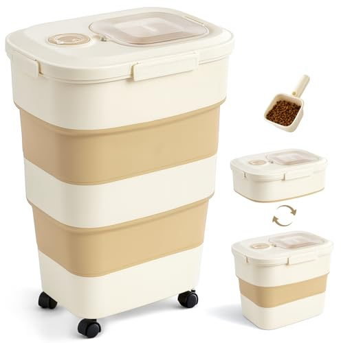 ZOMISIA 47L Dog Food Storage Container, Up to 22KG Large Capacity Collapsible Airtight Pet Food Storage Containers with Rolling Wheels, Transparent Lid, Scoop and Date Track, Khaki