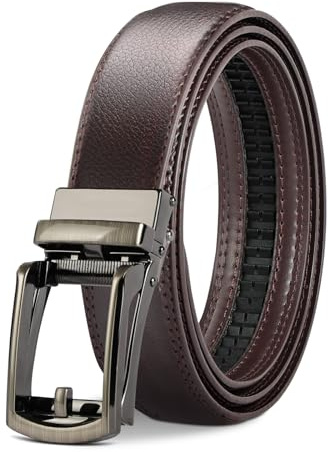 DiULi Cinturón Hombre Cuero, Cinturón Ajustable de Cuero, Cinturones de Trinquete con Hebilla Automática, 35mm de Ancho, Adecuado para Todo Tipo de Cuerpo para Pantalones de Vestir (110cm - Marrón)