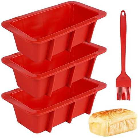 3 Stück Brotbackform Silikon Backformen Rechteckig, 16 x 9 x 4.5cm | Antihaft Backform Silikon Kastenform, Silikonform Brotbackformen mit Silikonölpinsel für Kuchen, Eis & Desserts, rot