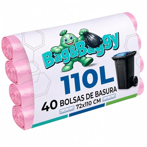 Bag&Baggy - 40 bolsas de basura rosa de 110 litros con cordones de cierre, 72 x 110 cm, HDPE resistente, bolsas de basura antiagujeros para recogida selectiva, 4 rollos de 10 unidades