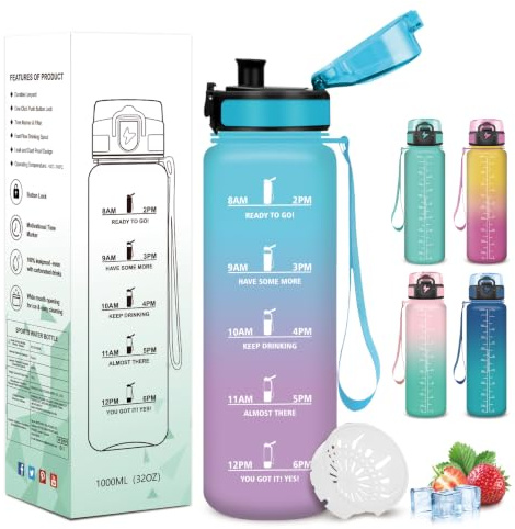 Mujigaga Gourde, Gourde 1l, Bouteille Sport Motivation, Bouteille d'eau avec Marqueur de Temps, Verrou de Sécurité, Facile à Transporter et à Nettoyer, Anti Fuite, pour Gym, Velo, Randonnee