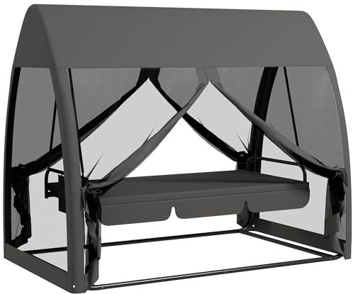 Outsunny 3 Seater Swing Chair 2 in 1 Garden Swing Seat Bed Convertible Outdoor Rocking Bench Bed with Water-Resistant Roof, Zipped Door and Mosquito Netting, Grey