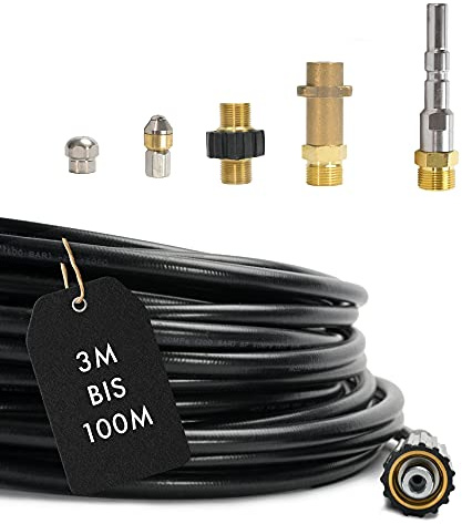 M&M Smartek Rohrreinigungsschlauch 20m, 6-teilig für Profi-Geräte | Set mit M22-, Bajonett- und KEW-Adapter sowie 2 Düsen; geeignet für verschiedene Profi- und Hobby-Hochdruckreiniger.