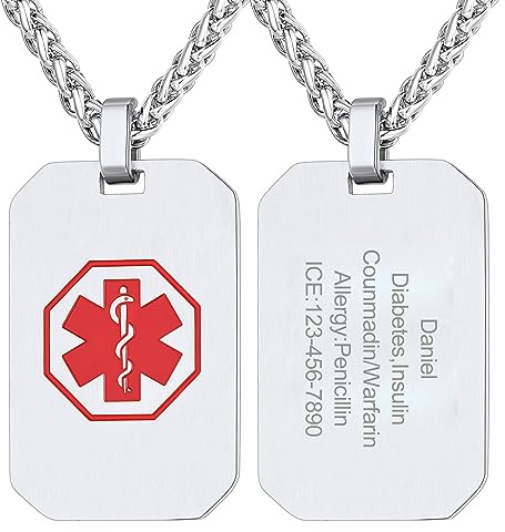 Supcare Colgante Grabado Hombre Collar Medical Cruz Roja Alerta Médica Collar Chapa Plateado Acero Inoxidable 316L para Enfermedades Urgentes Socorro Tabla Militar Personalizado Nombres Textos