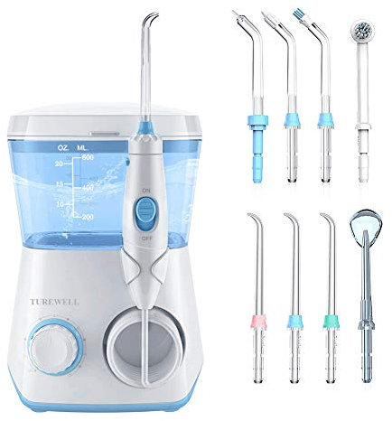 TUREWELL Munddusche,Elektrische Zahnzwischenraumreiniger mit 10 Druckstufen und 8 Düsen,IPX7 Wasserdicht Oral Irrigator, 600ML Wasser Flosser für Zuhause(Weiß)