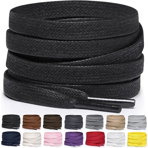 Miscly Flat Waxed Cotton Shoe Laces for Boots, Sneakers, and Shoes – Multiple Lengths and Colors Available - Black, 63″ (160 CM)