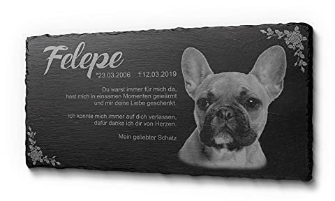 Tier-Grabstein Gedenkstein aus Schiefer Grabplatte mit Gravur Fotogravur 40x20 cm Gedenktafel für Haustiere Hunde | Pferd, Hund & Co. personalisiert mit über 40 Motiven und Wunschgravur