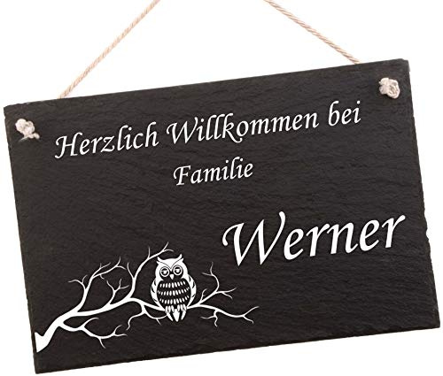 Haustürschild EULEN mit Gravur aus Schiefer, personalisiertes Türschild mit Familiennamen, Individuelles Namensschild mit Gravur, 30 x 20 cm, inkl. Kordel
