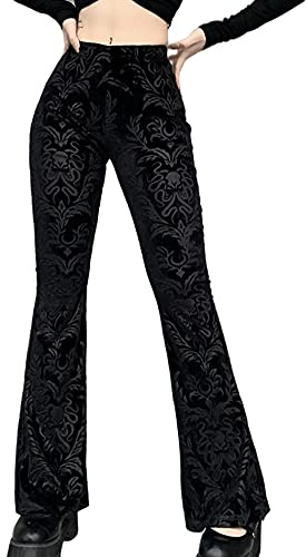 xxxiticat Women's Floral Printed Velvet Flare Pants High Waisted Casual Gothic Steampunk Bell Bottom Legging Trousers(BL,S) Black