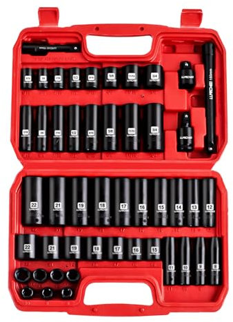 LLNDEI 1/4 Zoll Schlagschrauber Nüsse Set 52-teilig Standard SAE Metrische Größen 5/32 Zoll bis 9/16 Zoll und 4-14 mm 1/4 Zoll Cr-V Umschaltknarre