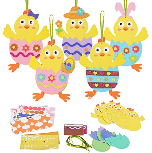 LAMEK 12 Osterküken Bastelset für Kinder Ostern Anhänger Deko Kreative Kunsthandwerk Bastelhandwerk Kreativset mit Mix & Match Moosgummi Teilen Osterdeko zum Basteln für Ostern
