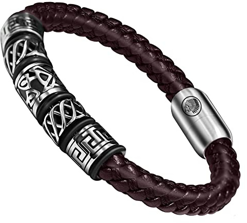 Casisto.J Herrarmband, äkta läderarmband och rostfritt stål armband, med magnetisk stängning, 18, Läder