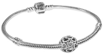 Pandora Moments Schlangen-Gliederarmband + All Over-Herzen Charm aus Sterling-Silber im Geschenkset, Gr. 19cm, SET 590702HV-19+790964