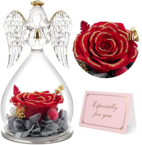 Yamonic Ewige Rose in Engel Glaskuppel,Geschenke für Mama, Geburtstagsgeschenk für Frauen,Geschenk Oma,Muttertag Ewige Blume mit Engel Figur,Mama Geschenk,Schutzengel,Blau Echte Rose, 0-rotgold