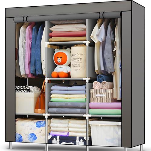 Retoo Kleiderschrank Einfach aus Stoff, Faltschrank mit Reißverschluss Stoffschrank Kleiderschrank mit 2 Kleiderstange und Ablagen, Faltbare Garderobe für Schlafzimmer, 45x125x168cm