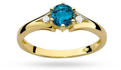MARKO Verlobungsring 14 Karat (585) aus Gold, verziert mit Londoner Blauer Topas 0,50 Ct und Diamanten sowie einer eleganten Box für den Ring (Gelbgold, 52 (16.5))