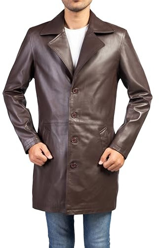 Jild Leder-Trenchcoat für Herren, 3/4-Länge, lässiger Auto-Mantel, Lammfell, lange Lederjacke für Herren, Brauner Trench, Medium