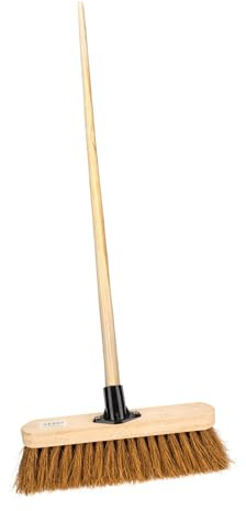 HOMESHOPA 12 Indoor Outdoor Sweeping Broom with Wooden Long Handle, Natural Soft Coco Bristle Broom, Heavy Duty Cleaning Brush for Any Surface Wooden Floor Decking and Paving Slabs