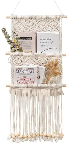 WPAJIRZO Makramee Wandbehang - Handgefertigter Hängeorganizer mit 2 Fächern für Zeitschriften, Briefe & Post - Boho Wanddeko Zeitschriftenhalter für Küche, Büro & Wohnzimmer