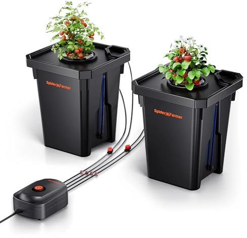 Spider Farmer DWC Hydrokultur Anbausystem mit 27 Liter/7 Gallonen Tiefwasserkultur, Neues Dreieckige Abdeckung Design, Umwälzendes Drip Garden System mit Topf-Tropfkit, 8W Luftpumpe, 2 Eimer