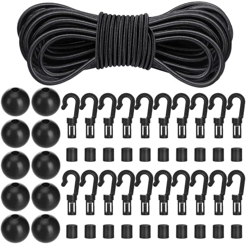 GGXZHT 12m Gummiseil 4mm Expanderseil mit 50 Stück Kunststoff-Karabinerhaken Ende und Kabelballstoppern Elastisches,Gummischnur für Anhängerplane Camping Planen Poolabdeckung Wäscheleinen Fahrrad