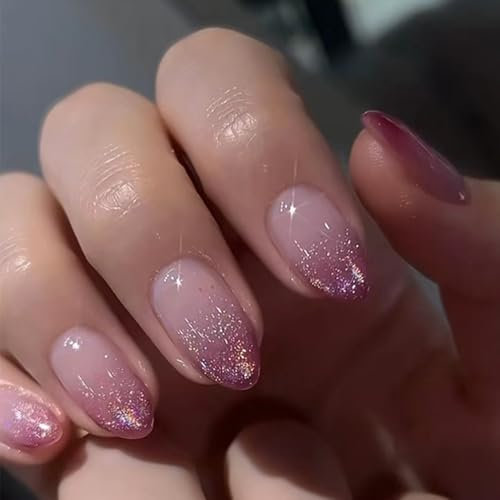 MouyouGlow Press on Nails Kurz,Almond Lila Verlauf Glitzer Sparkly Fake Nails Kunstnägel mit Nagelkleber,Violett Purple Gradient Shimmer Künstliche Fingernägel
