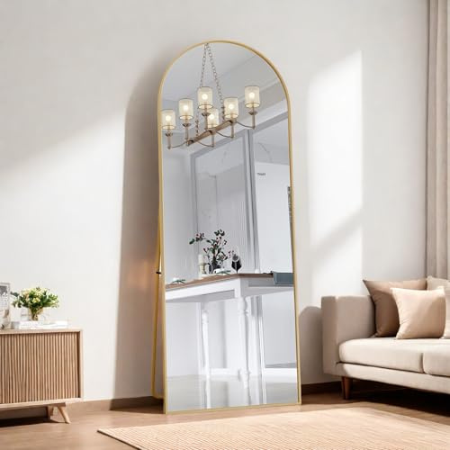 Henunem Standspiegel 162x53 cm Ganzkörperspiegel, Robust Modern Großer Wandspiegel Stehend oder Hängend, Rahmen aus Aluminiumlegierung, Hartglas, für Schlafzimmer, Wohnzimmer (Gold- halbrund)