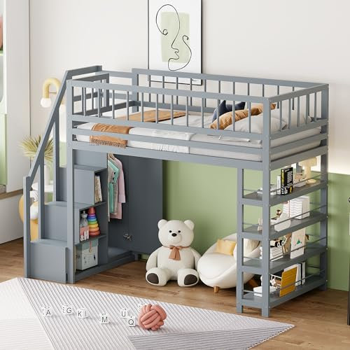 TZCIN Hochbett 90x200cm, Hohes Zaundesign, Hochbett für Kinder mit Schrank und Regal und Stauraum-Treppe, Massivholzbett, mit Lattenrost, Grau