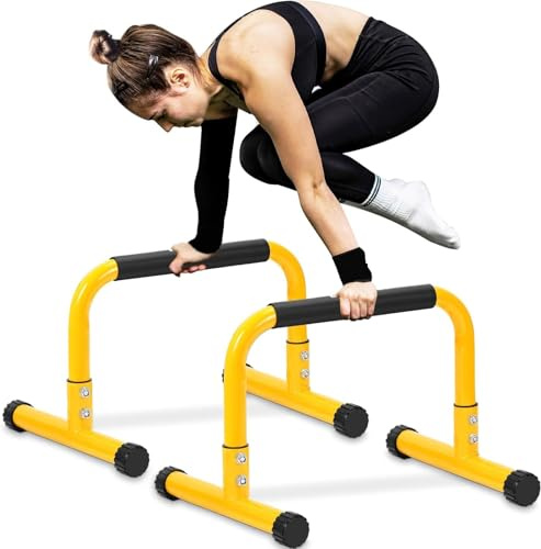 TABEKE Push Up Bar, 14'' High Steel Parallettes & Dip Bar with Full Coverage Foam Handle, Heavy-Duty Calisthenics Parallel Bars for L-Sit, Dips, Home Gym Strength Training Workout (Yellow)