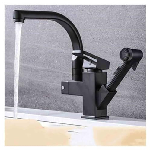 Basin Faucet, 2-in-1 High Pressure Retractable Spray Head, Hot and Cold Water Basin Faucets, Solid Brass Mixer Taps for Bathroom Kitchen Sink(Black)