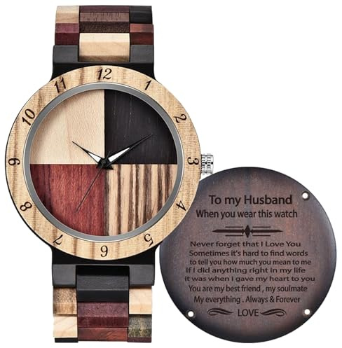 Tiong Herren Holzuhr Gravierte Handgefertigte Holzuhren zu Meinem Papa/Opa/Ehemann Herren Analoge Quarz Holz Männer Armbanduhr