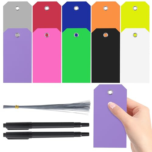 Swpeet 302 etiquetas de plástico impermeables de 10 colores, 12 x 6 cm, con agujeros para escribir con cables y rotulador, etiquetas colgantes adjuntas con ojales en blanco para etiquetar