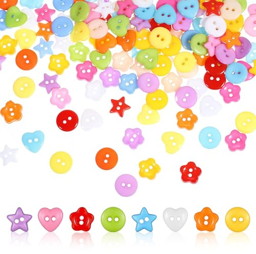 Giantree 200 botones para manualidades, botón de costura de repuesto colorido, botón redondo de corazón, estrella y flor de 5 mm, colores y estilos mixtos, botones mini para costura, manualidades