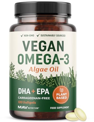 Vegan Omega 3 Algae Oil | Plant Based DHA EPA | Sustainably Sourced, No Carrageenan | Heart, Brain & Eye Health Support | Fish Oil Alternative | Omega 3 Fatty Acid Supplements | 120 Softgels