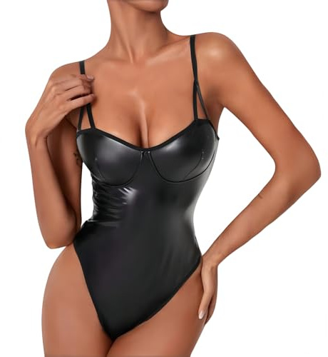 TouKingda PU Leather Bodysuit for Women Spaghetti Strap Leotard Sexy V Neck Slim Fit High Leg Body Suits Black Stretchy Sleeveless Tops Clubwear Nightwear Going Out Outfits, M