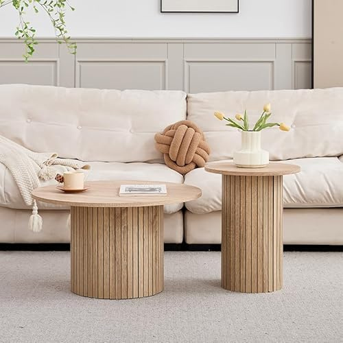 GrandCA HOME - Juego de 2 Mesas de Centro Redondas, Mesa Auxiliar de Sofá Redonda, Tablero de MDF con Base de Listones de Madera, Ideal para Sala de Estar y Oficina (Veta de Madera Natural)