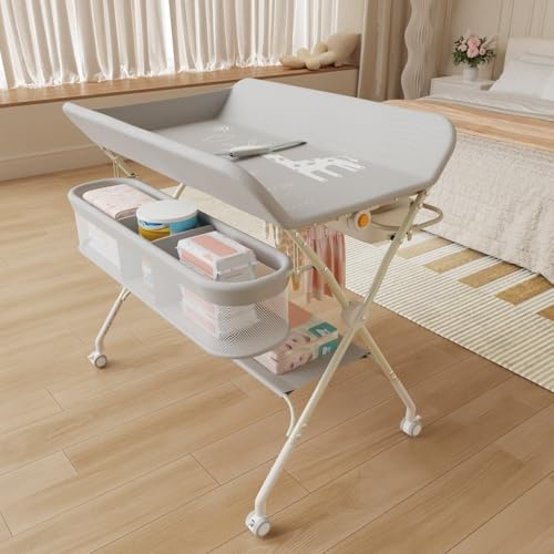 OHMG klappbare Wickelkommode Wickeltisch, Baby Wickelkombi, mit Wickelauflage Sicherheitsgurt und Ablagefächern, platzsparend stabil,mobiler wickeltisch,Baby Changing Table (A-Grau)