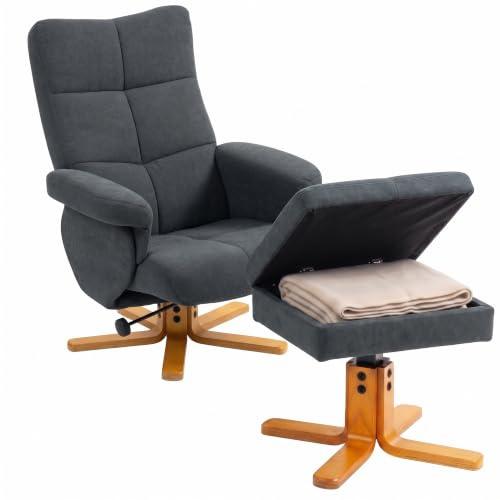 HOMCOM Linen Swivel Recliner Chair with Footstool, Wooden Base and Storage for Living Room, Grey