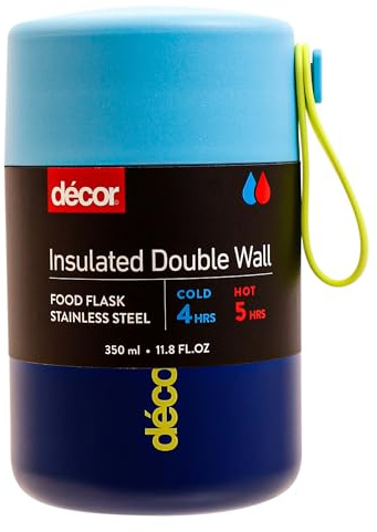 Décor 350ml Kids Insulated Food Flask - Double Wall Stainless Steel Container with Wide Opening, Airtight Leakproof Lid, 4h Hot / 9h Cold - Blue