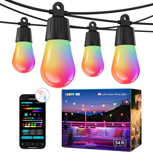 Lepro ZB1 AI Festoon Lights Outdoor 15m, RGB+IC Warm White, IP65 Waterproof | 50ft Smart Outdoor String Lights, Music Sync, App Control, Works with Alexa & Google, Suit for Halloween, Christmas, Garden