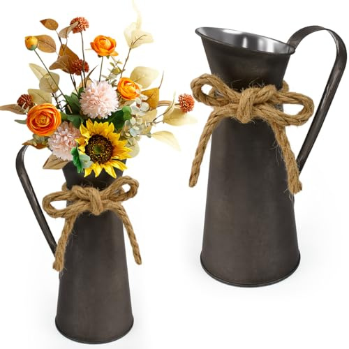 ASOUUNLD Vintage Blumenvase 2 Stück Metall Milchkanne Landhausstil | Dekovasen aus Eisen für Trockenblumen und Kunstblumen, geeignet für Wohnzimmer, Hochzeit, Garten und Tischdeko