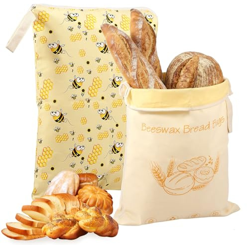 2 Pack Reusable Beeswax Bread Bags with L-Shaped Zip, Large Capacity Food-Grade Cotton Storage, Airtight Freshness & Eco-Friendly Natural Beeswax Lining for Sourdough, Artisan Loaves, 42×33cm