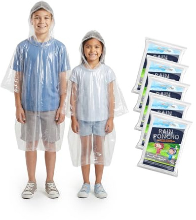 Hagon PRO Disposable Rain Poncho for Kids with Hood (5 Pack) – Lightweight Waterproof Toddler Rain Coat & Emergency Ponchos for Travel & Theme Parks