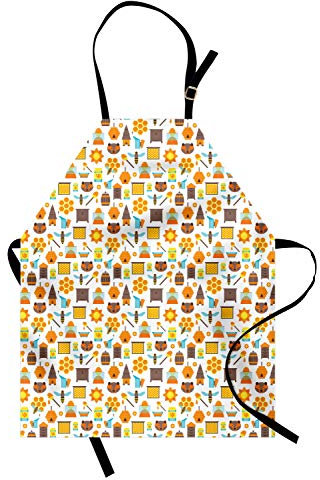 ABAKUHAUS Biene Kochschürze, Karikatur-Bienen-Bienenhaus-und Honig-Element-Hintergrund-Muster auf Einem weißen flachen Art-Design, Höhenverstellbar Maschienenwaschbar Kein verblassen, Mehrfarbig