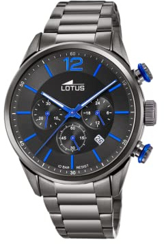 LOTUS Reloj Hombre Analógico de Acero Inoxidable 316l Negro - Movimiento de Cuarzo - Cronógrafo - Calendario - Cristal Mineral de Alta Resistencia - Resistente al Agua 10 ATM Casual 18686/3 Chrono
