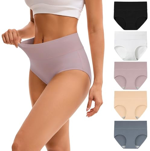 INNERSY Women's High Waisted Underwear Cotton Panties Regular & Plus Size 5-Pack(XL,Light Mist)