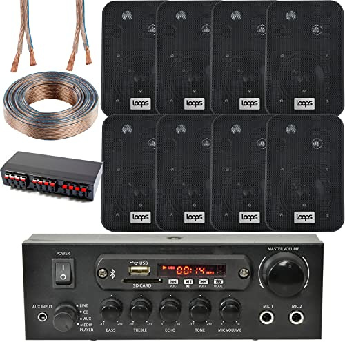 Loops Bluetooth Wall Speaker Kit 4 Zone Stereo Amp & 8x 4 Black Wall Background Music