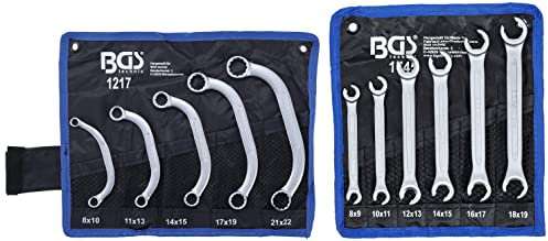 BGS Offener Doppel-Ringschlüssel-Satz | 6-tlg. | SW 8 x 9-18 x 19 mm | CV-Stahl + Starter- und Blockschlüssel-Satz | 5-tlg. | 8 x 10-21 x 22 mm | inkl. Tetron-Rolltasche