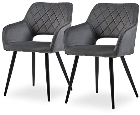 CLIPOP Esszimmerstühle 2er Set, Polsterstühle mit Armlehnen, Metallbeine, Samtbezug, Samt Dunkelgrau, bis 150 kg belastbar, für Arbeitszimmer, Wohnzimmer, Schlafzimmer (2er, Samt Dunkelgrau)